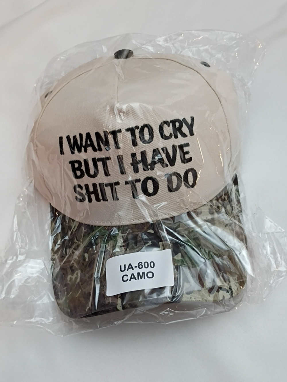 Women's Beige & Camo Men’s Baseball Cap - Bold Embroidered Slogan